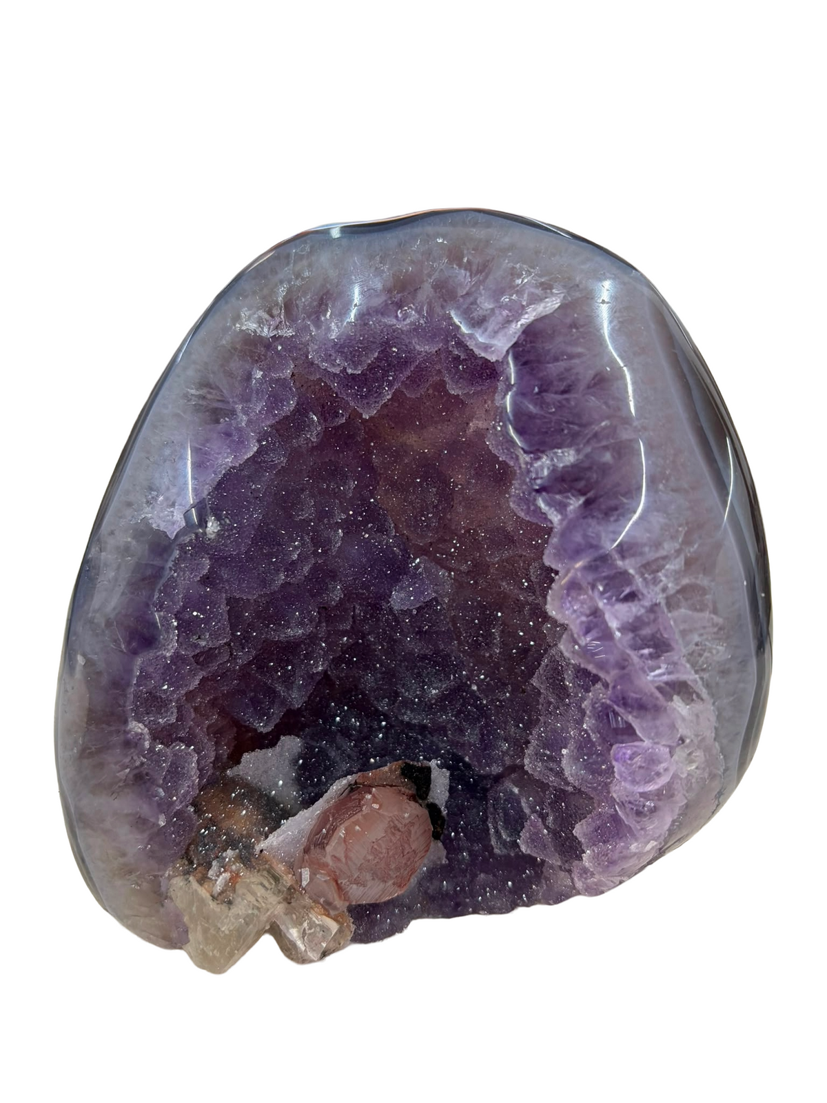Deep Violet Uruguayan Amethyst Geode with Calcite & Polished Agate Border (1.35 kgs)