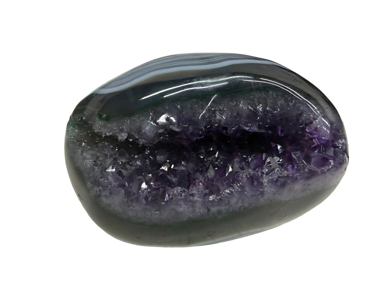 Deep Violet Amethyst geode with High-Polished Agate Exterior (0.85kgs)