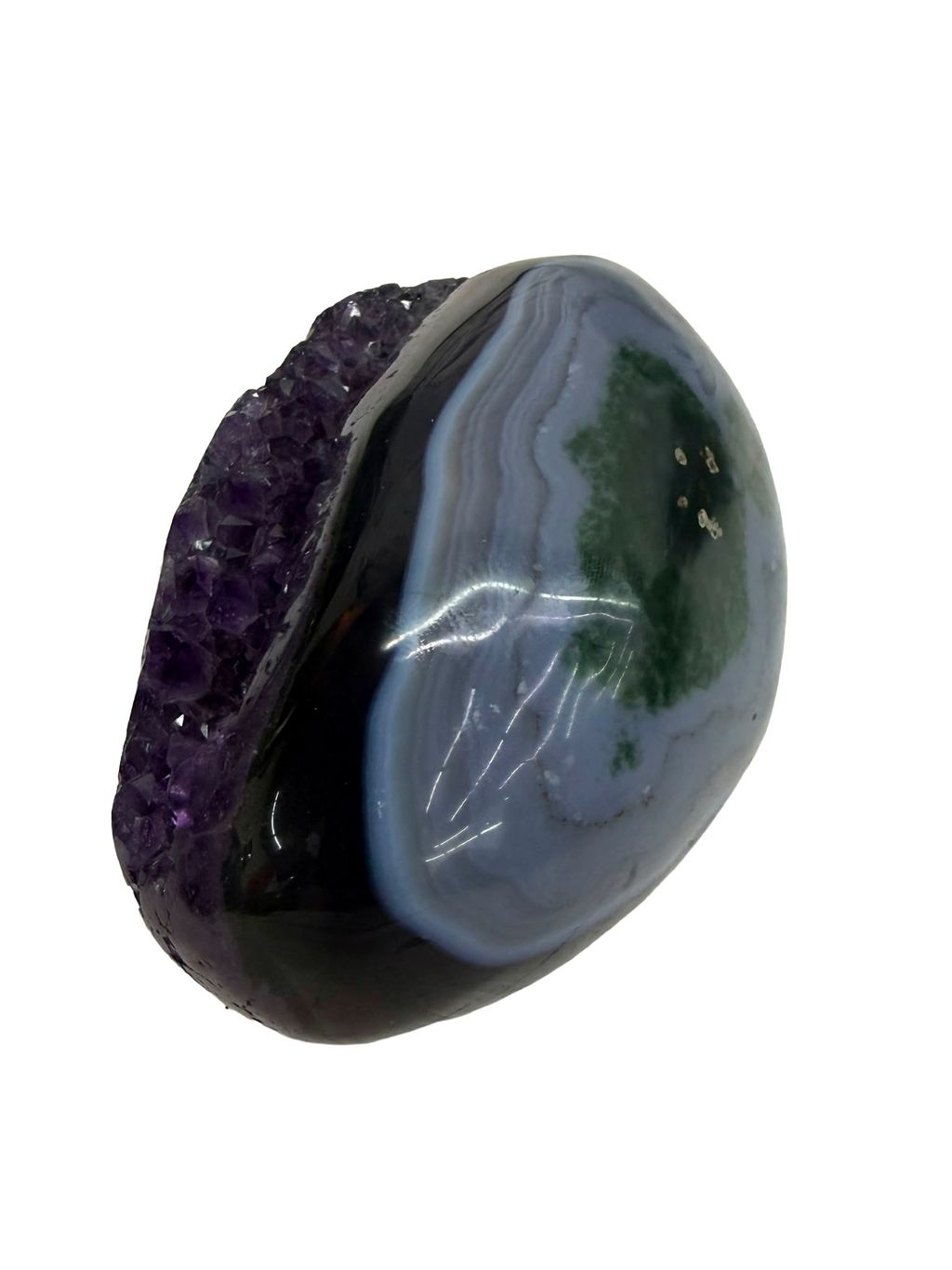 Deep Violet Amethyst geode with High-Polished Agate Exterior (0.85kgs)