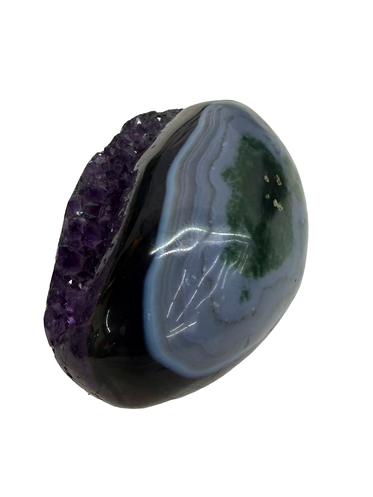 Deep Violet Amethyst geode with High-Polished Agate Exterior (0.85kgs)