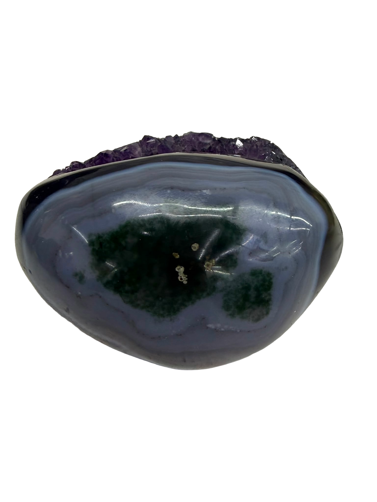 Deep Violet Amethyst geode with High-Polished Agate Exterior (0.85kgs)