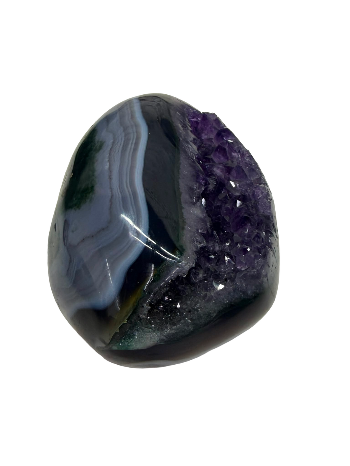 Deep Violet Amethyst geode with High-Polished Agate Exterior (0.85kgs)