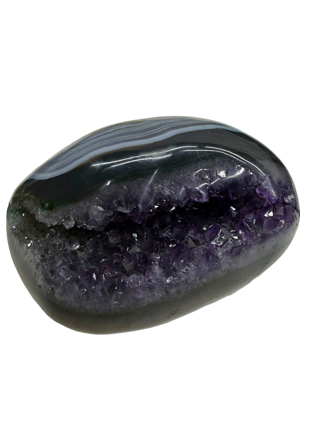 Deep Violet Amethyst geode with High-Polished Agate Exterior (0.85kgs)