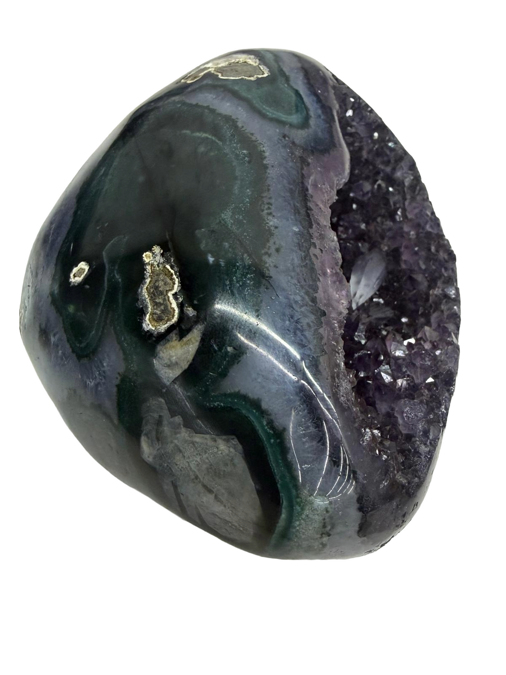 Amethyst Geode with Calcite Inclusion & Polished Agate Exterior (1.15 kgs)